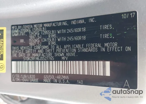 2018 Toyota Highlander Xle z USA, uszkodzony, nr VIN 5TDKZRFH6JS527765